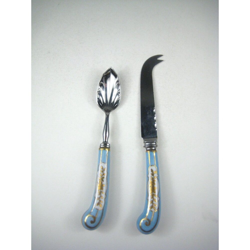 Decorative Cheese Knife Spoon Set Blue Gold Porcelain Handles Serving Utensils